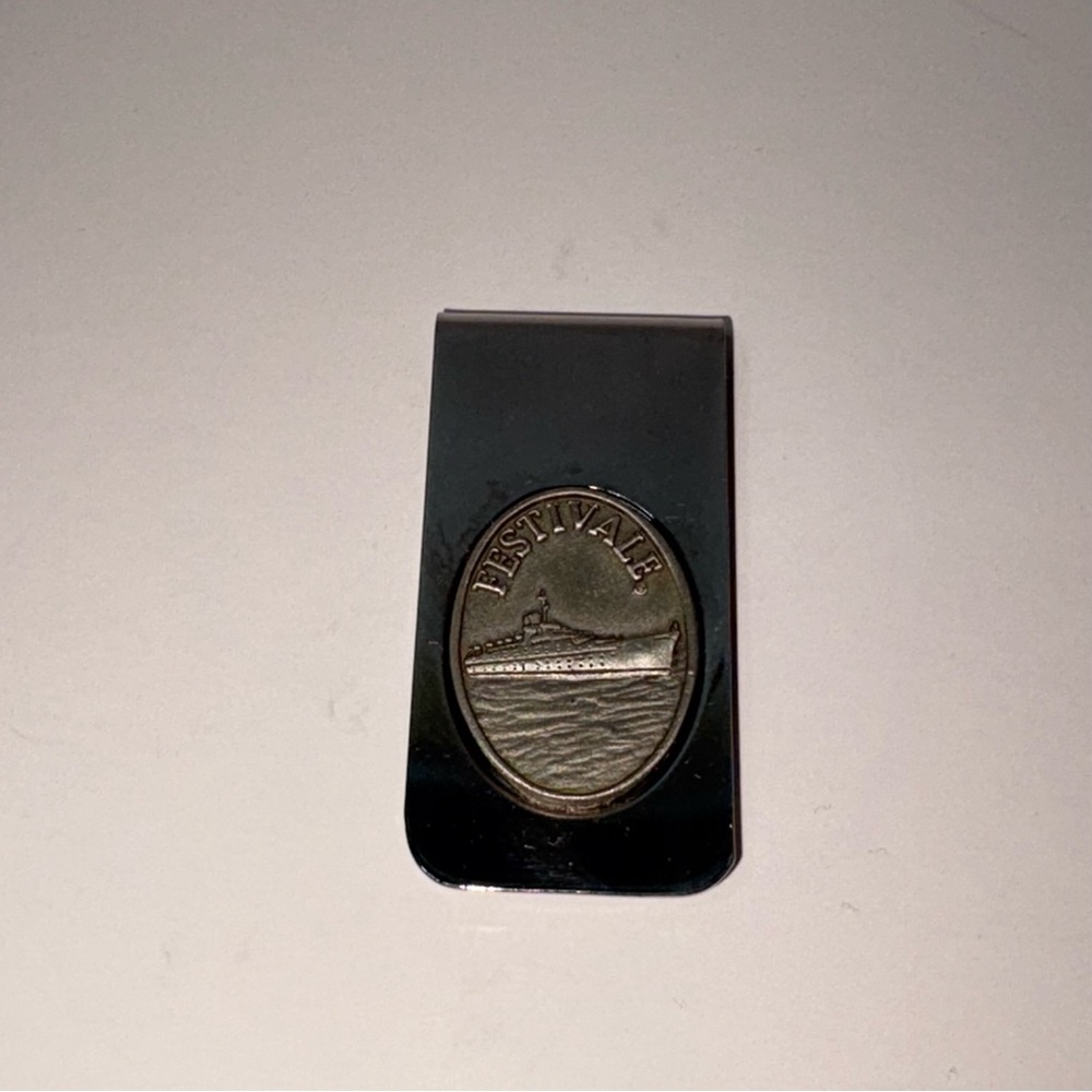 Vintage Festivale Cruise Ship Money Clip Souvenir Vacation 1”x2” Silver Toned